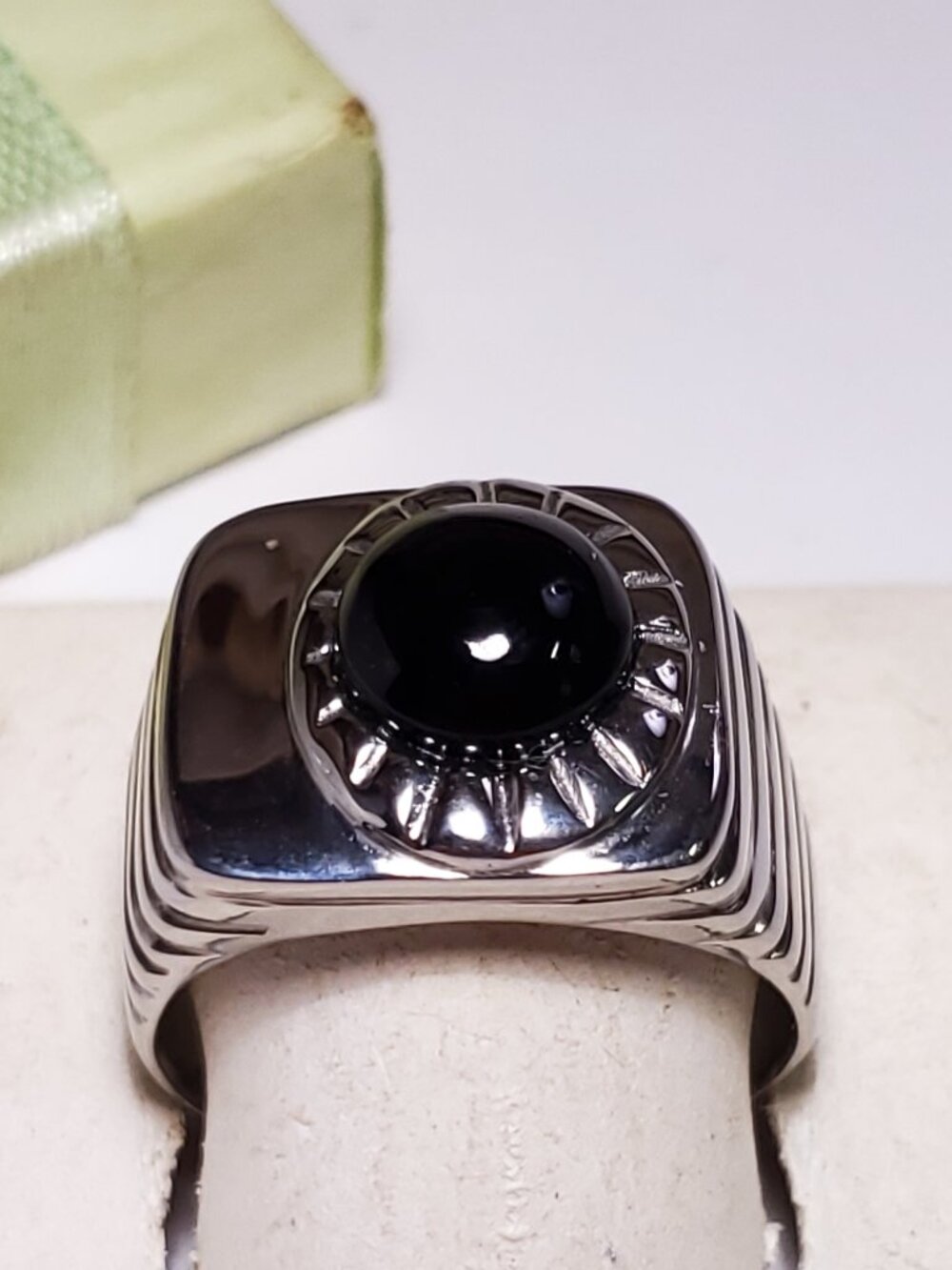 Estate 4ct Rd Caboshon Onyx ribbed sides Sterling Silver S-10.25 Gnts Ring#24500